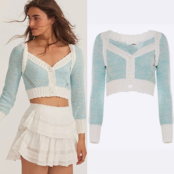 LoveShackFancy- Cotton Candy Geneve Crop Knit Sweater Cardigan Baby Blue Size XL - Picture 1 of 8